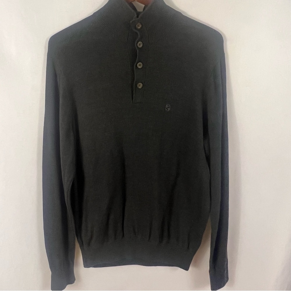 IZOD Sweater Mens Size M 1/4 Button Pullover Knit Gray Mock Neck